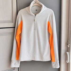 AFNAN XXL white fleece quarter-zip pullover bright neon orange thumbhole cuffs